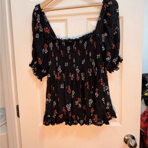 Free People Black Floral Smocked Square-Neck Top with Rust and White Accents